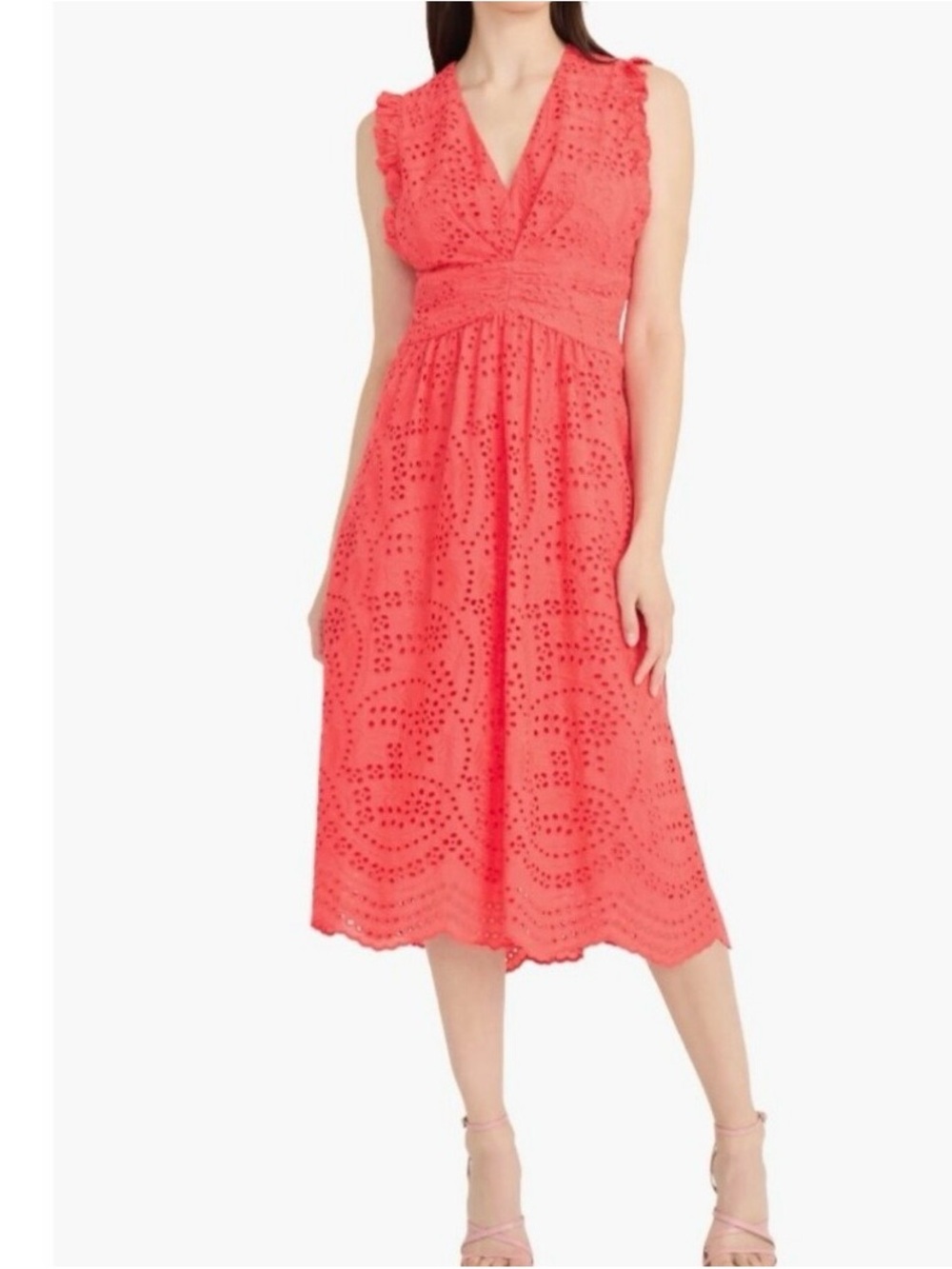 NWT Maggy London Coral Eyelet V-Neck Midi Dress Size 2